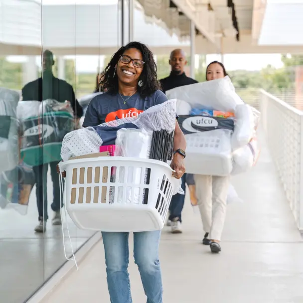 Collecting welcome baskets for first-time college students.