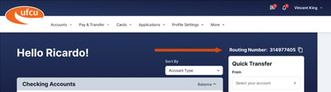 Screen grab showing the Routing Number in Onling Banking