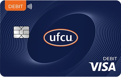 Blue and orange debit card with the UFCU logo on it.